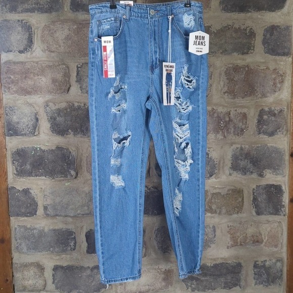 NEW‎ Flying Angel High Rise GOGO Distressed Mom Jeans Woman's Size 13/14 Light - Picture 1 of 14